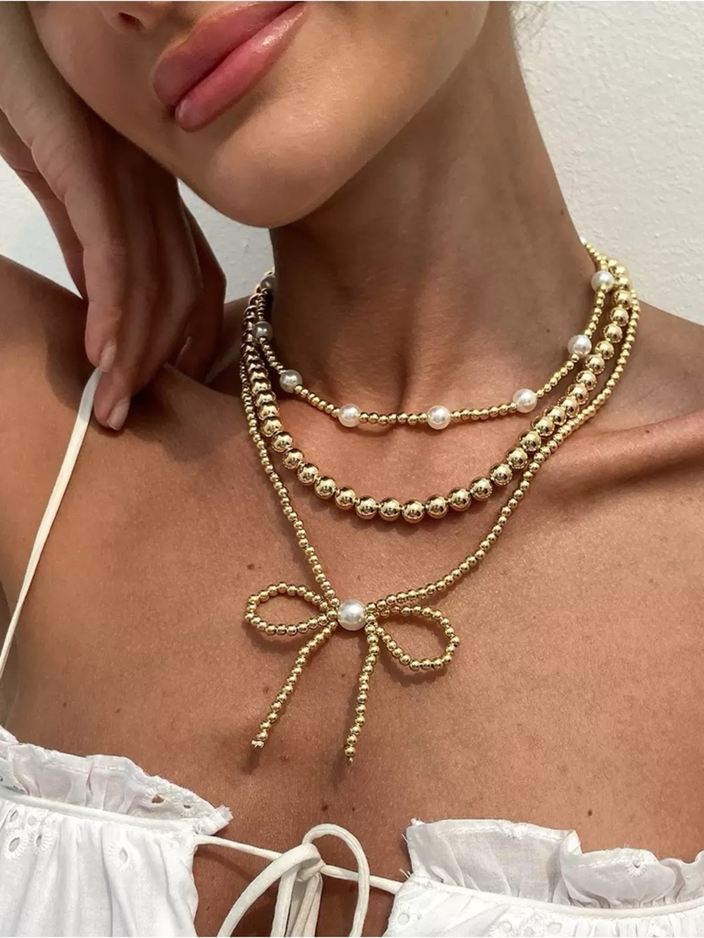 Anthropologie Gold Beaded Layered Necklace with Pearl Bow - Picture 3 of 3